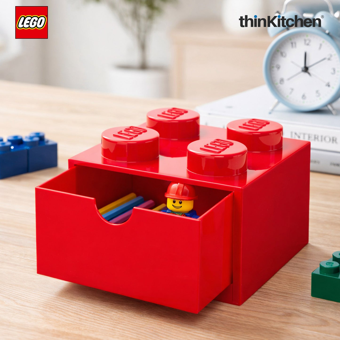 Lego Small Stackable Storage Box with  Drawer - 4 Knobs, 2.9 L, Red  | Plastic Desk Organizer, Toy Storage Box
