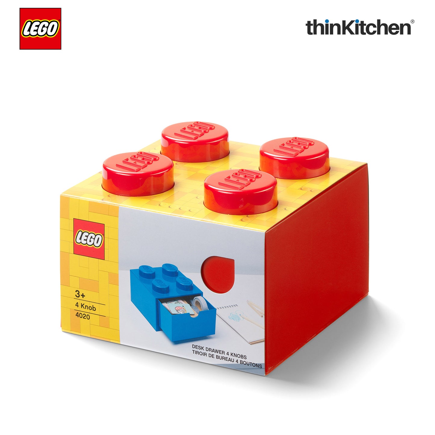 Lego Small Stackable Storage Box with  Drawer - 4 Knobs, 2.9 L, Red  | Plastic Desk Organizer, Toy Storage Box
