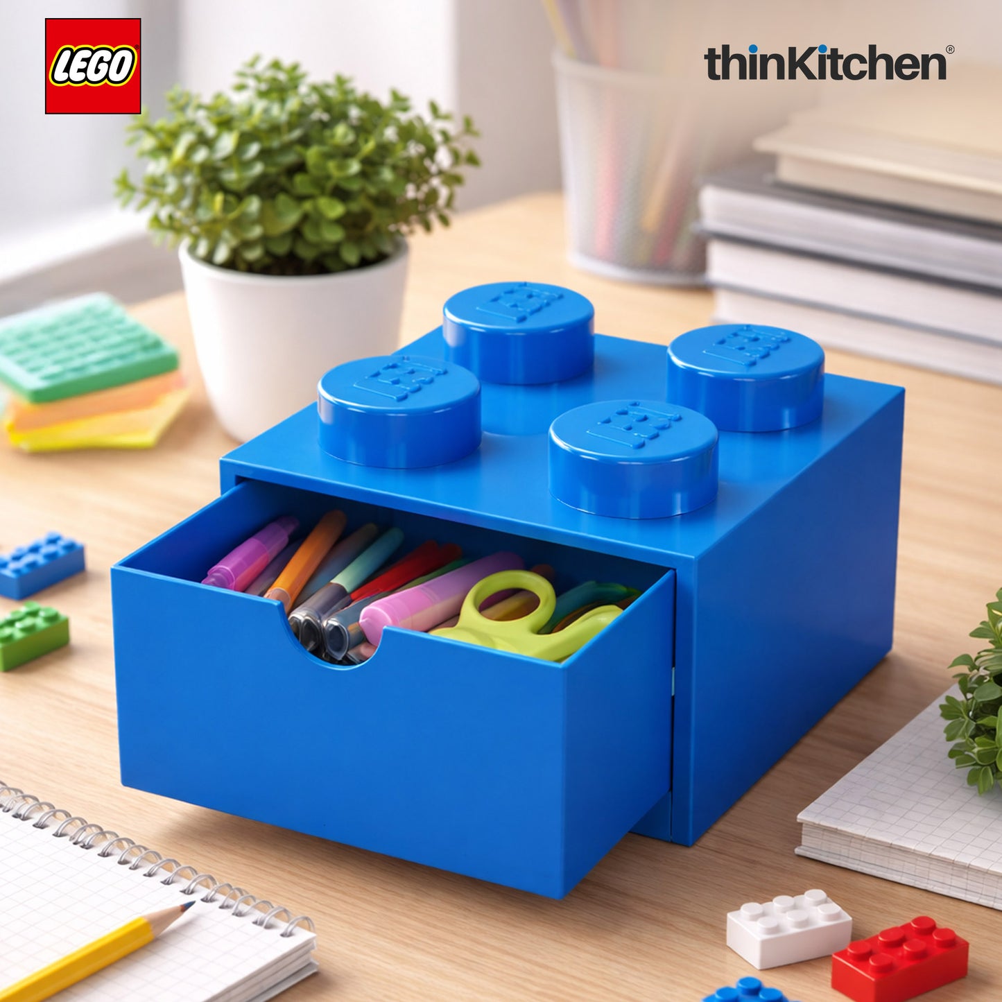 Lego Small Stackable Storage Box with  Drawer - 4 Knobs, 2.9 L, Blue | Plastic Desk Organizer, Toy Storage Box