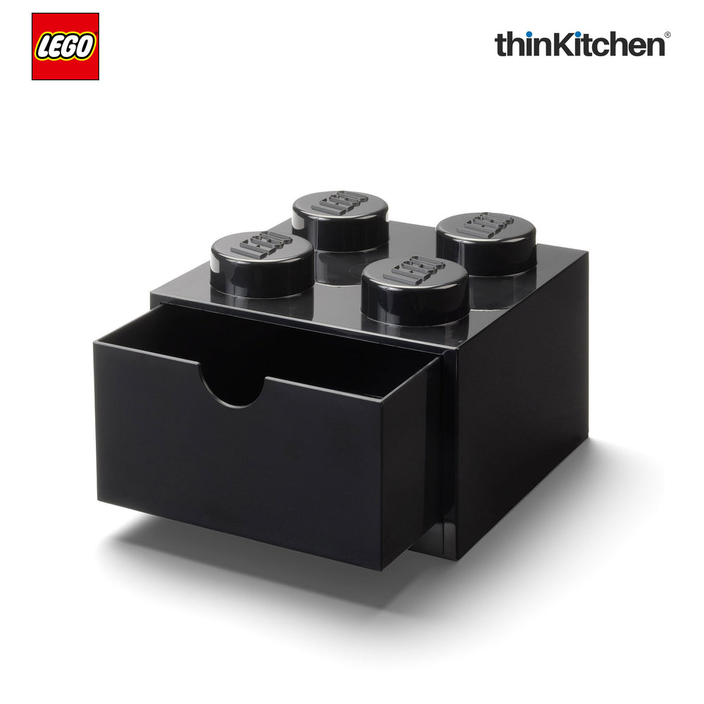 Lego Small Stackable Storage Box with  Drawer - 4 Knobs, 2.9 L, Black | Plastic Desk Organizer, Toy Storage Box