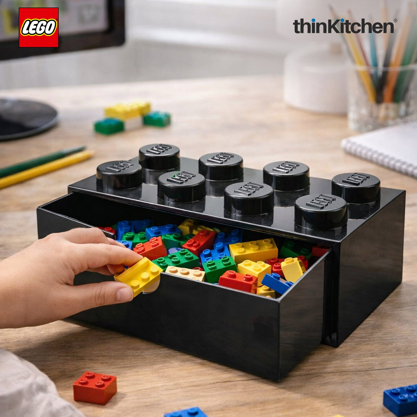 Lego Large Stackable Storage Box with  Drawer - 8 Knobs, 5.8 L, Black | Plastic Desk Organizer , Toy Storage Box