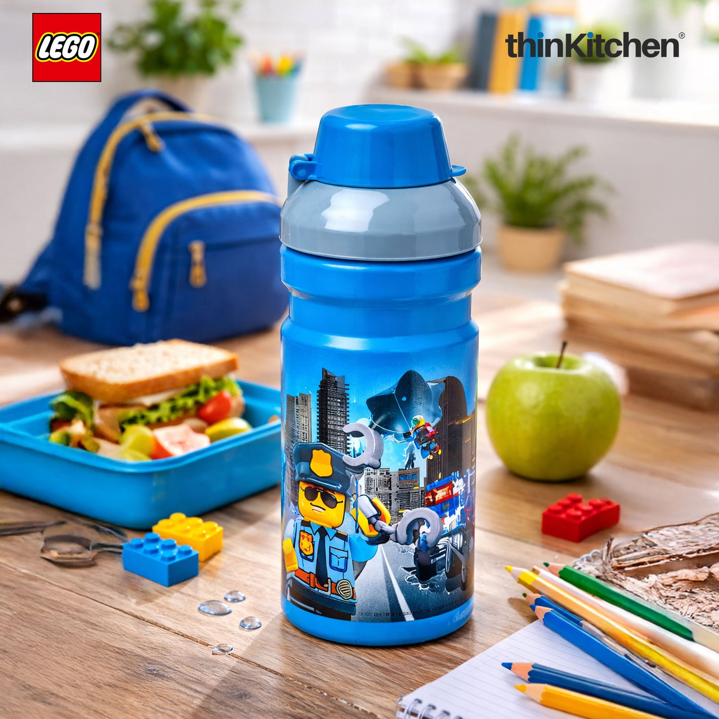 Lego City Series Kids Water Bottle 390ml with Flip Top Covered Spout | BPA Free, Leak Resistant Small School Bottle