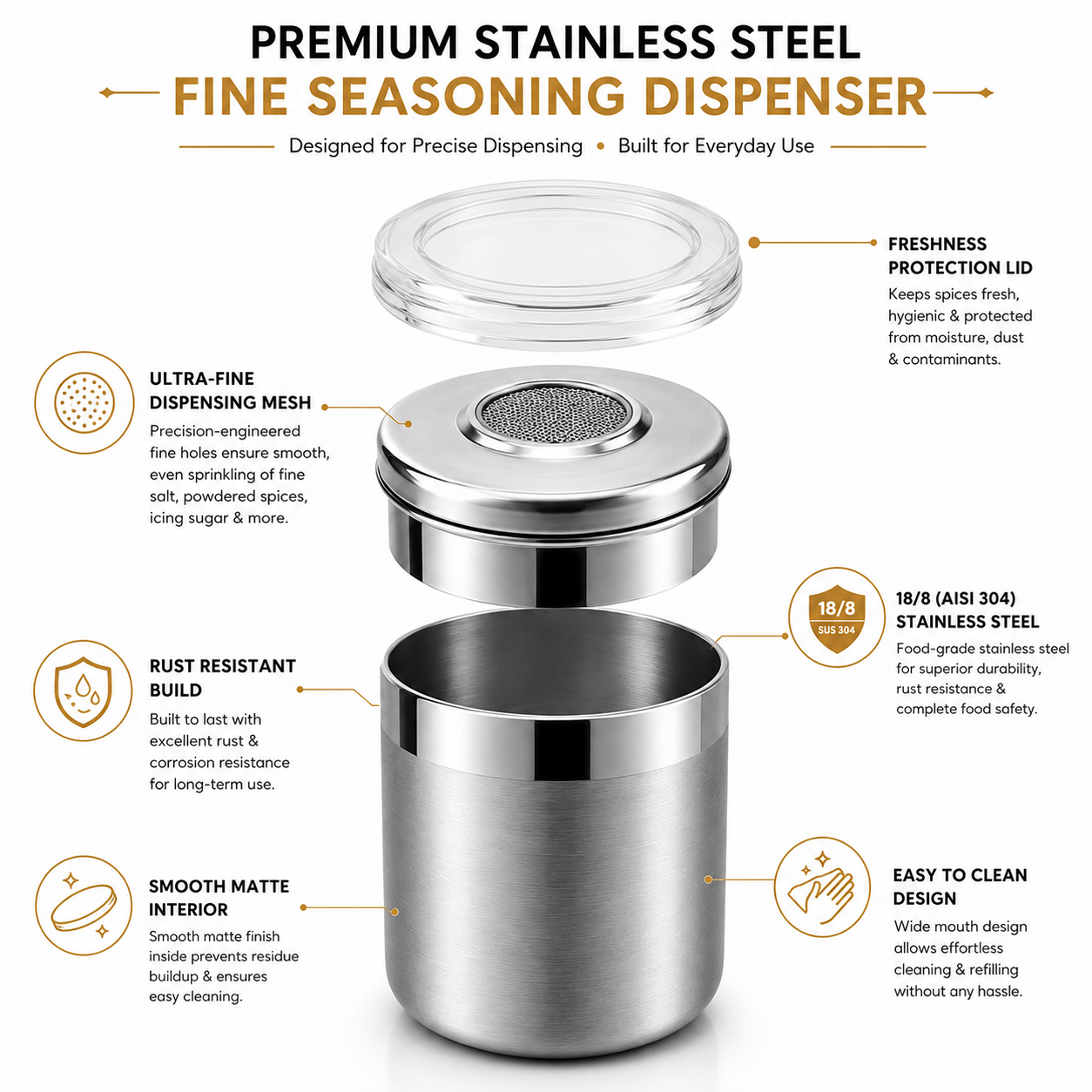 Culinex Stainless Steel Portable Small 120ml Fine Seasoning, Salt / Pepper Dispenser - 6 x 5 cms for Masala, Icing Sugar, Seasoning, Condiments - 4