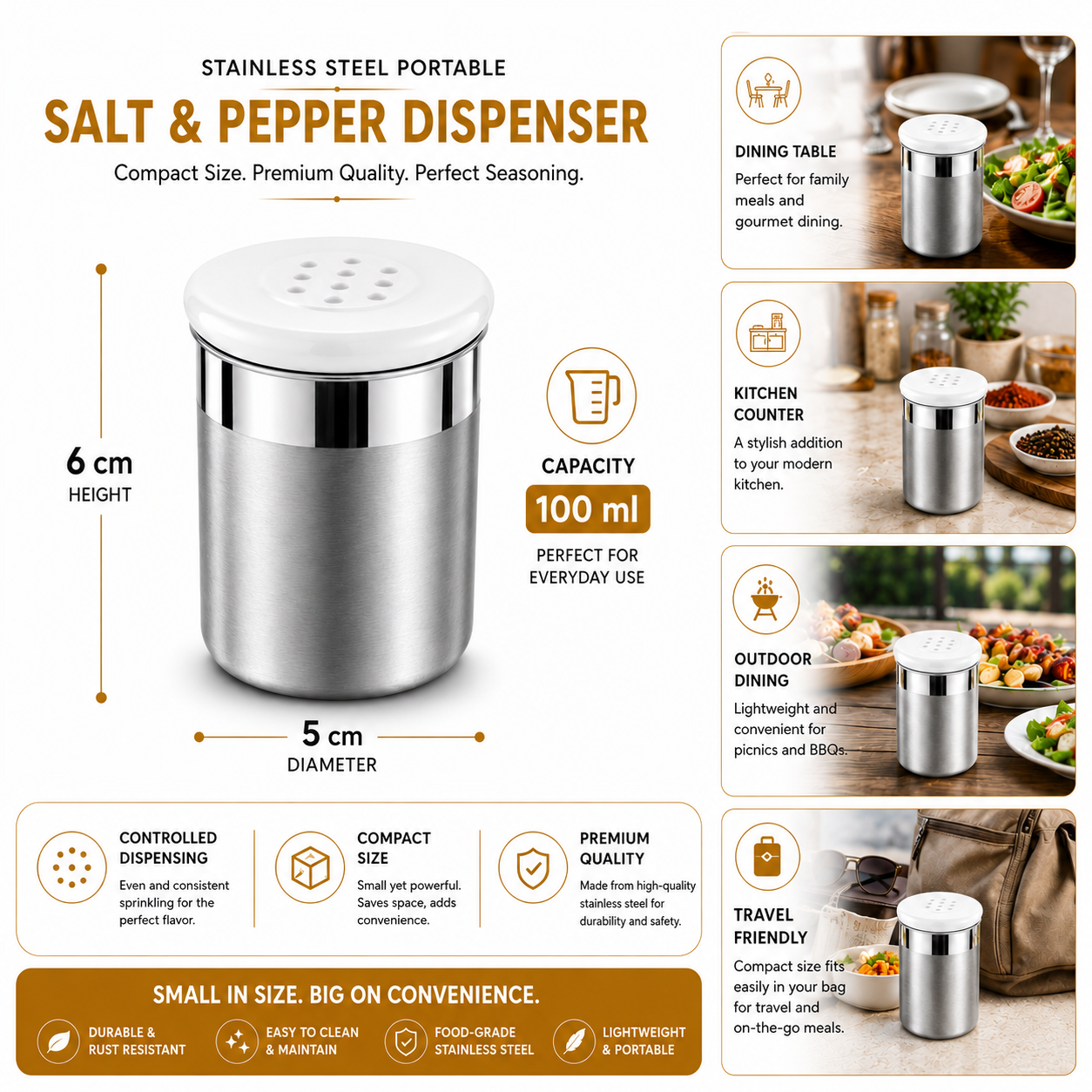 Culinex Stainless Steel Small Portable 100ml Coarse Seasoning Salt Pepper Dispenser -  5x6 cms for Spices, Herbs, Masala, Condiments