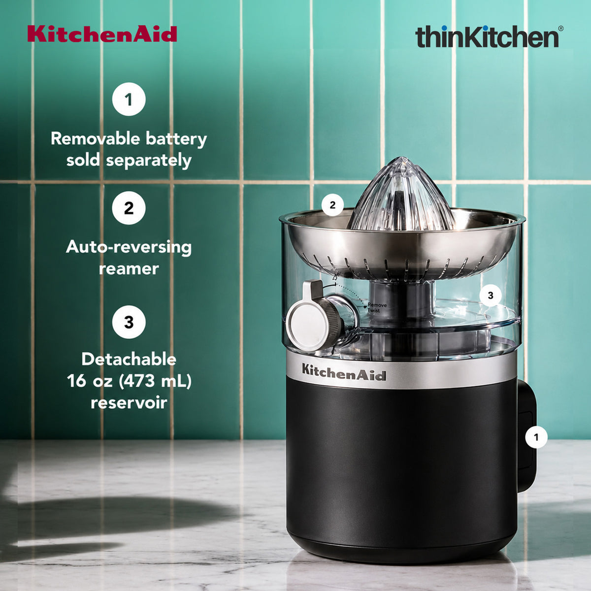 KitchenAid Go Cordless Electric Citrus Juicer, Orange & Lemon Presser, 473ml, Black Matte – Battery Sold Separately