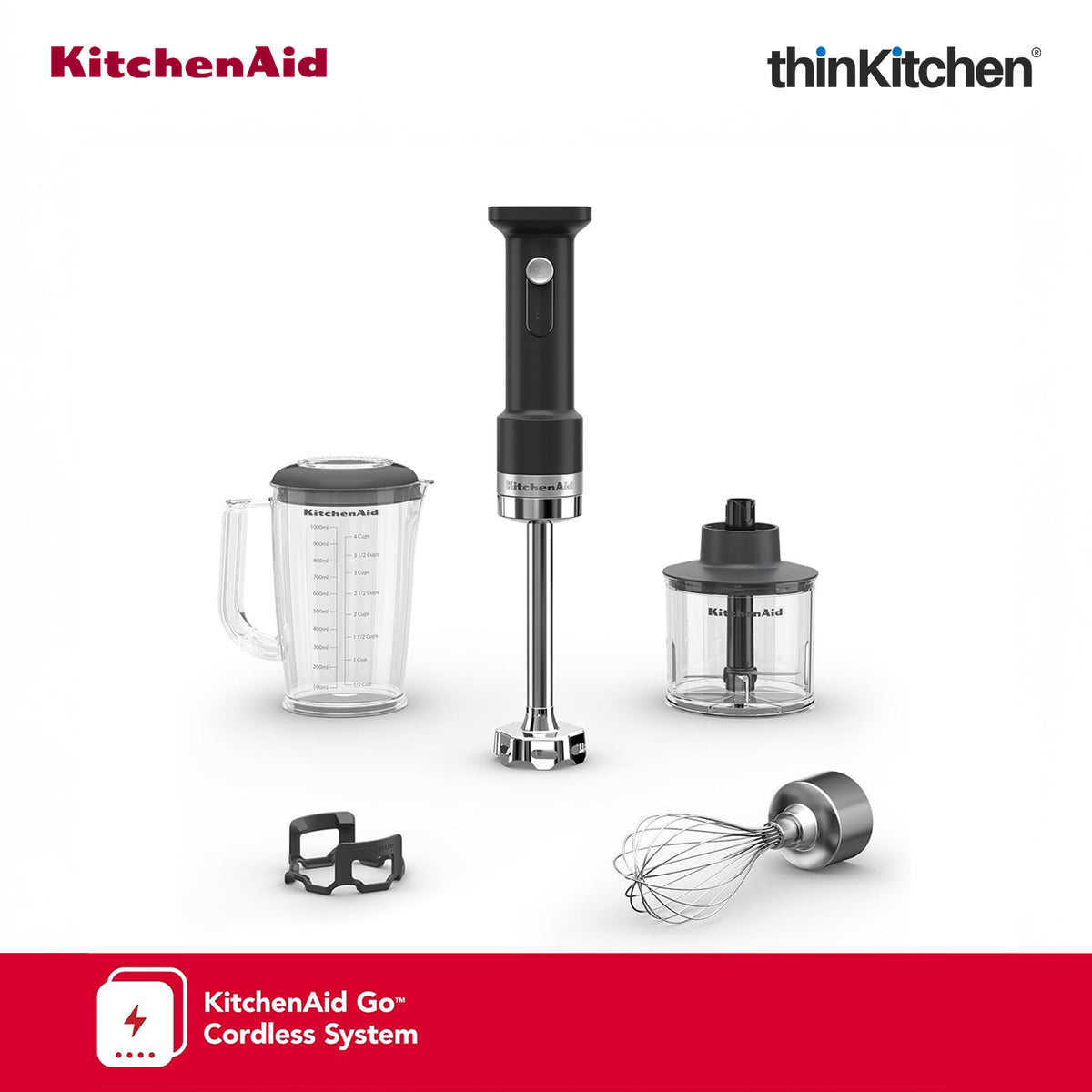 KitchenAid Go Cordless Hand Blender Accessory Kit – Whisk, Chopper & 1L Blending Jar with Lid - 1