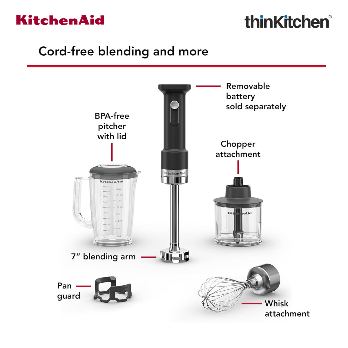 KitchenAid Go Cordless Hand Blender Accessory Kit – Whisk, Chopper & 1L Blending Jar with Lid