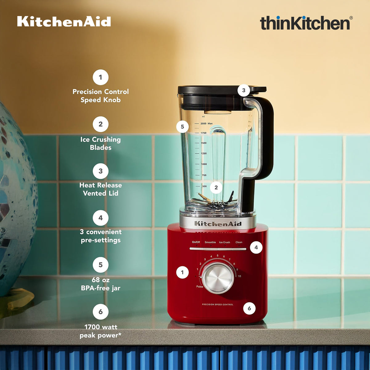KitchenAid K200 Pure Power Blender 2L - Empire Red | 3 Speeds, Ice Crush & Pulse Function