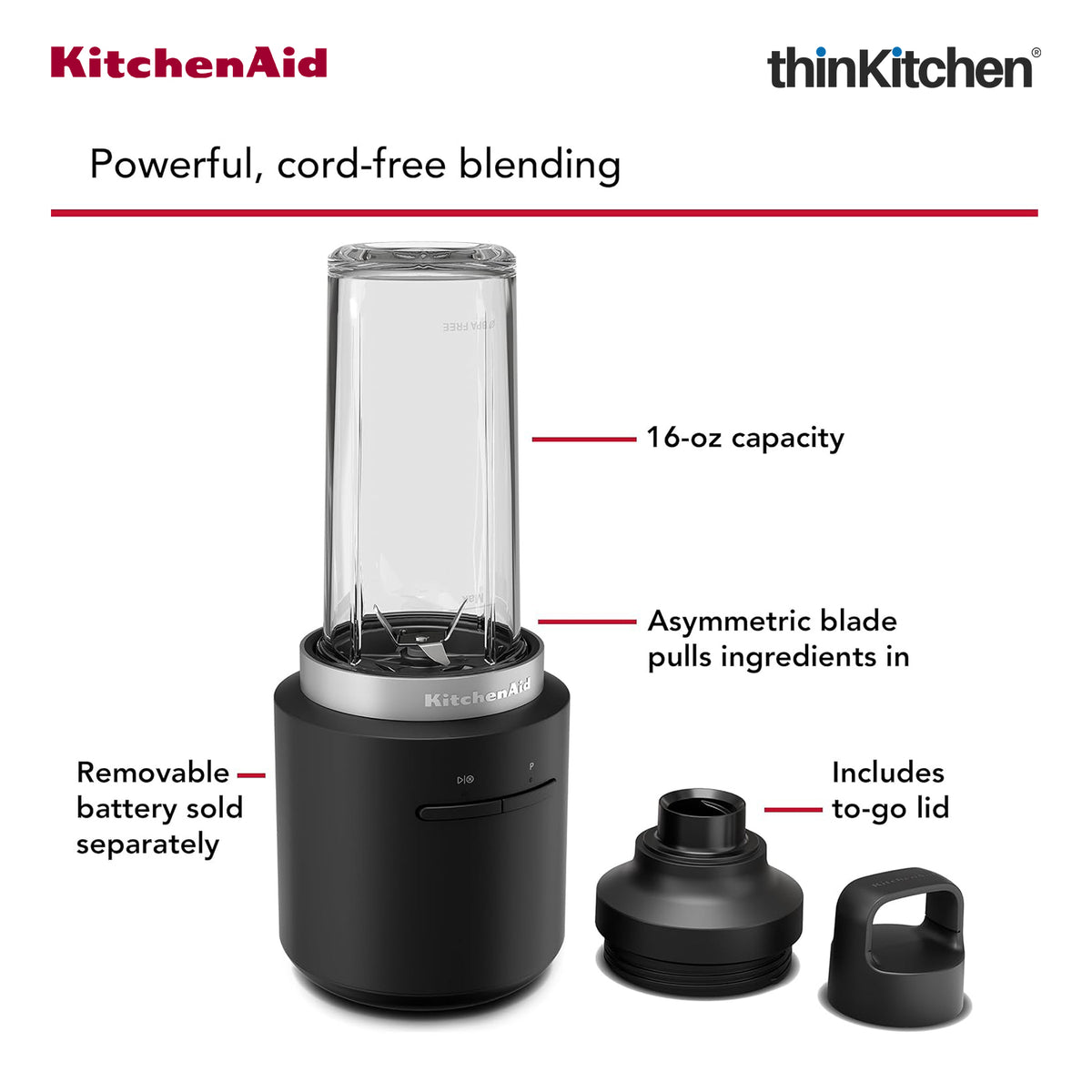 KitchenAid Go Cordless Personal Blender 473ml , Portable Smoothie & Protein Shake Maker - Battery Sold Separately - 6
