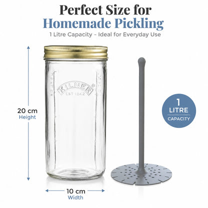 Kilner Premium 1 Litre Glass Pickle Jar with Lifter and Screw Lid for Pickles, Achaar