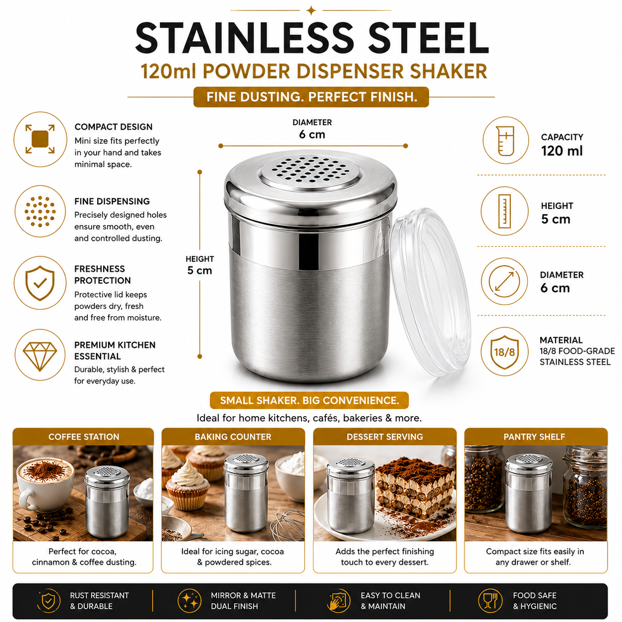 Culinex Stainless Steel Small Portable 120ml Fine Dispenser Shaker for Icing Sugar, Cocoa, Cinnamon, Baking Sprinkler  - 6 x 5 cms - 4