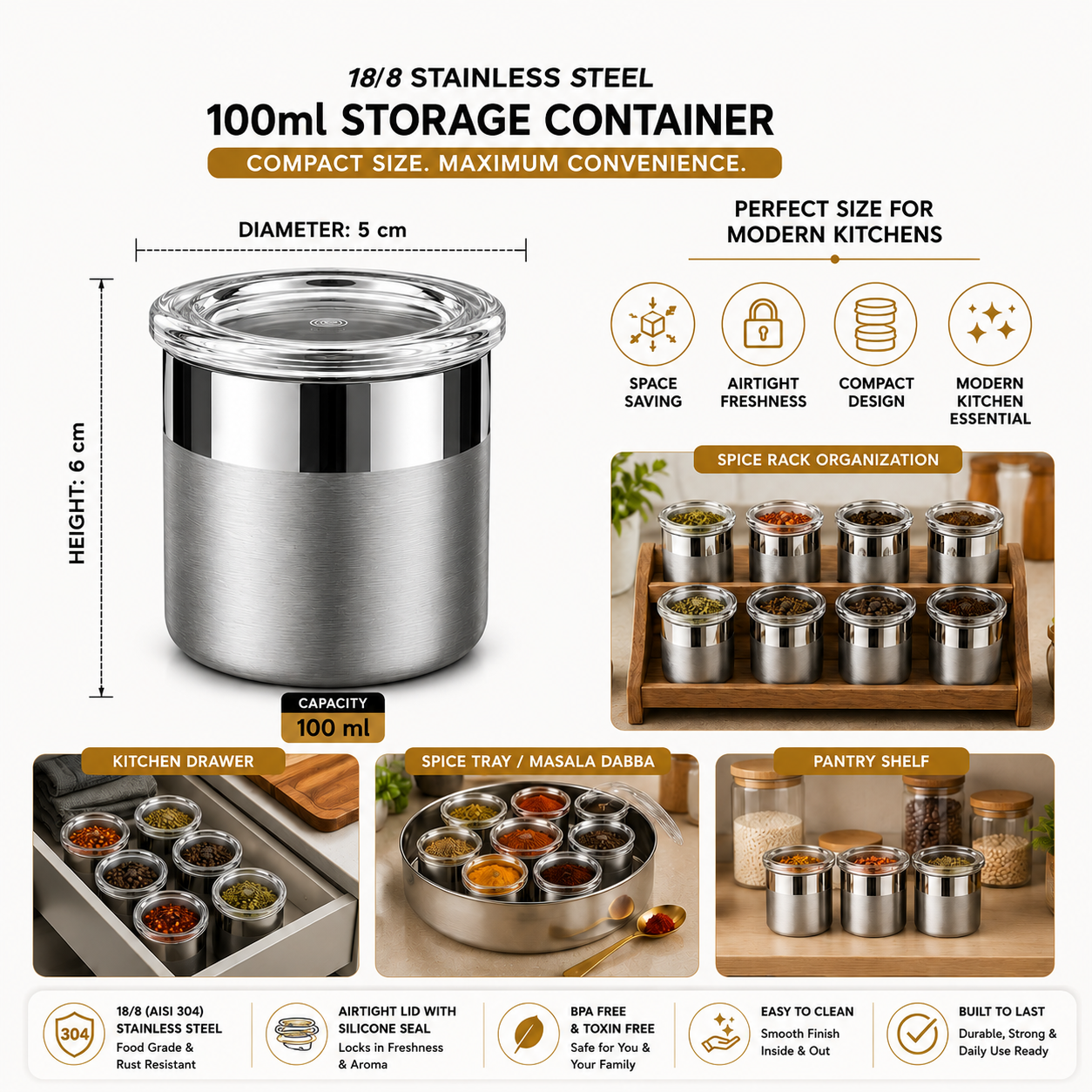 Culinex 18/8 Stainless Steel 100ml Small Airtight Mini Storage Multipurpose Container with Acrylic Lid (5x6cms) for Spices, Herbs