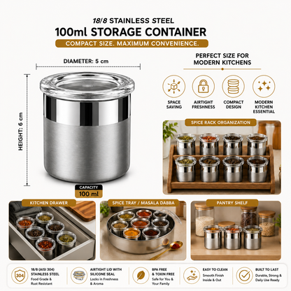 Culinex 18/8 Stainless Steel 100ml Small Airtight Mini Storage Multipurpose Container with Acrylic Lid (5x6cms) for Spices, Herbs