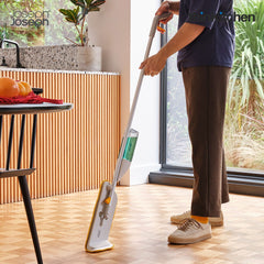 Joseph Joseph CleanTech 2-in-1 Spray Mop with Washable Microfibre Cleaning Pad, Spot-Cleaning Scrubber, Easy-Pull Trigger, Refillable Bottle, Light Stone