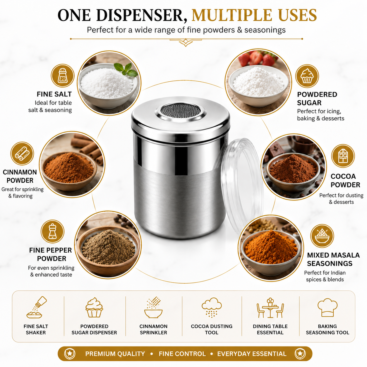 Culinex Stainless Steel Small Portable 100ml Fine Seasoning, Salt / Pepper Dispenser - 5 x 6 cms for Masala, Icing Sugar, Seasoning, Condiments