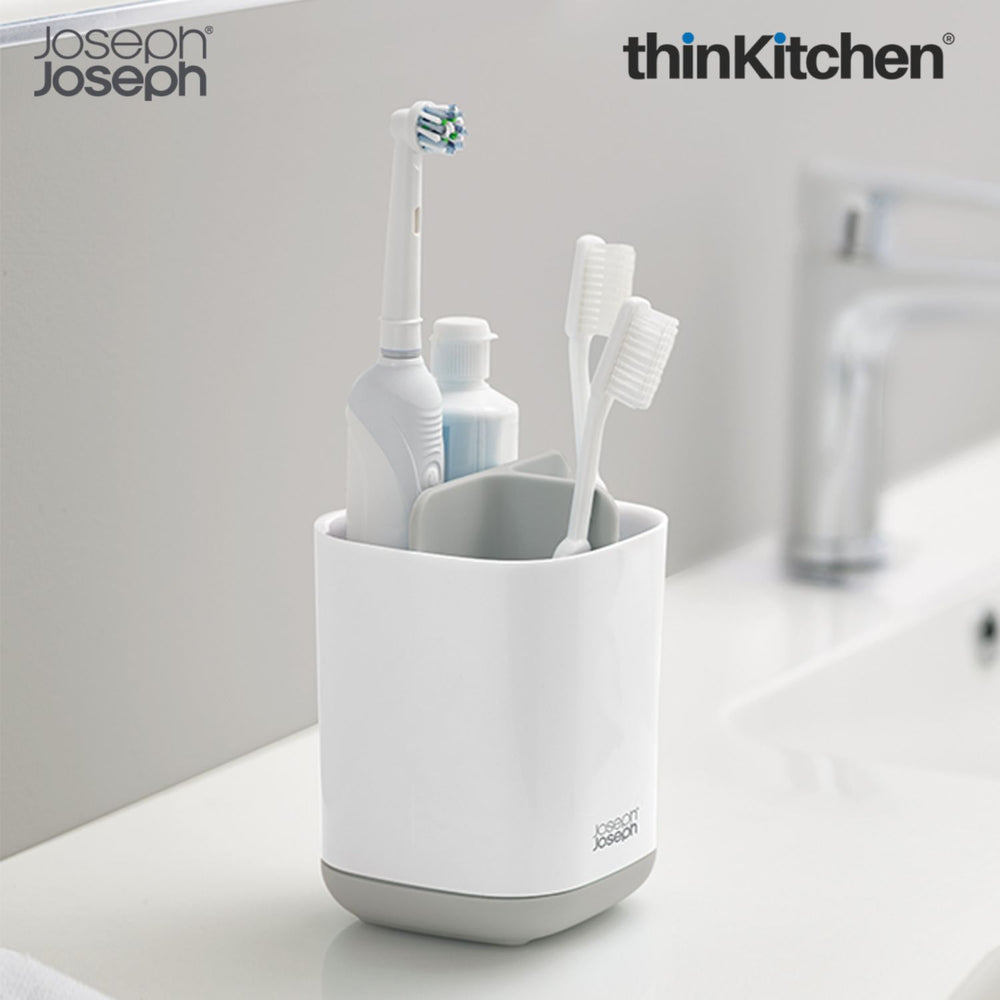 Joseph Joseph Premium EasyStore Small Bathroom Toothbrush Holder & Bathroom Sink Organizer, White & Grey