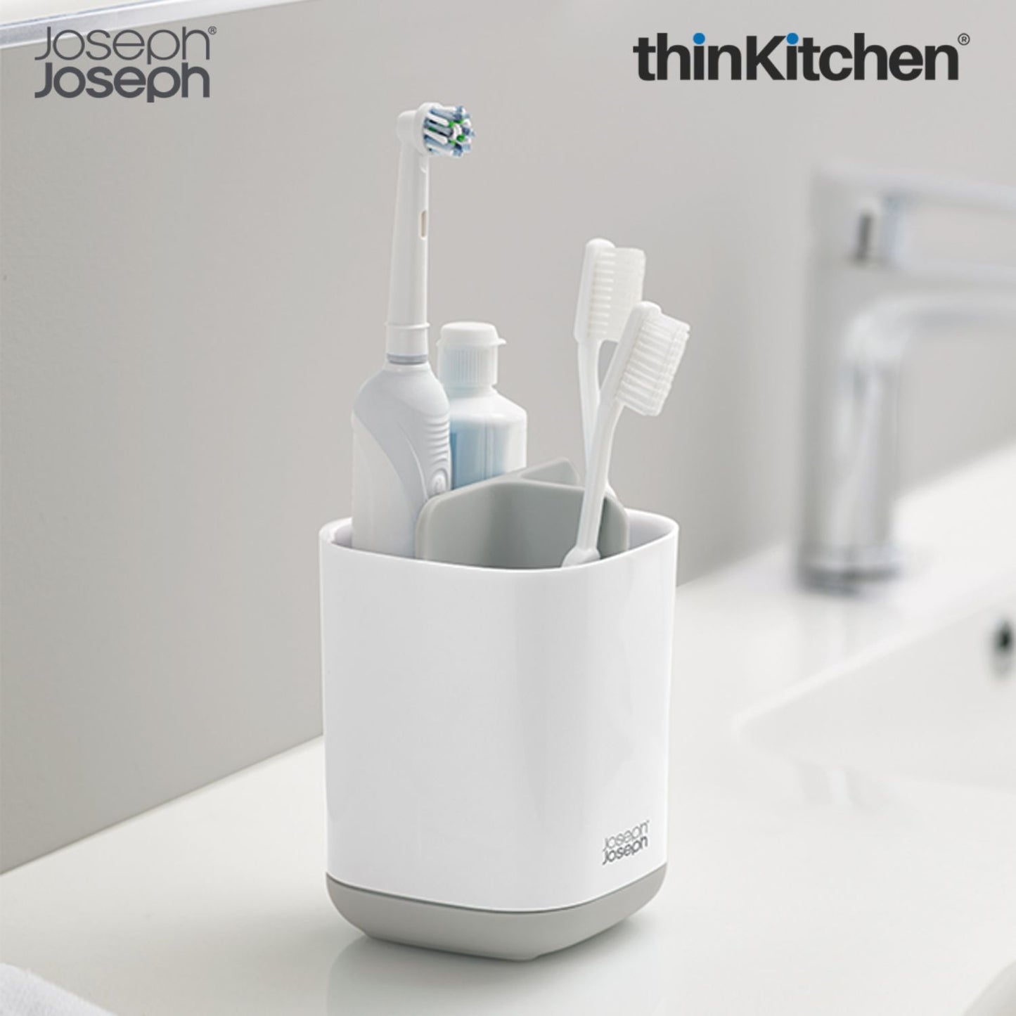 Premium EasyStore Small Toothbrush Caddy - Grey/White | Compact Bathroom Sink Organizer