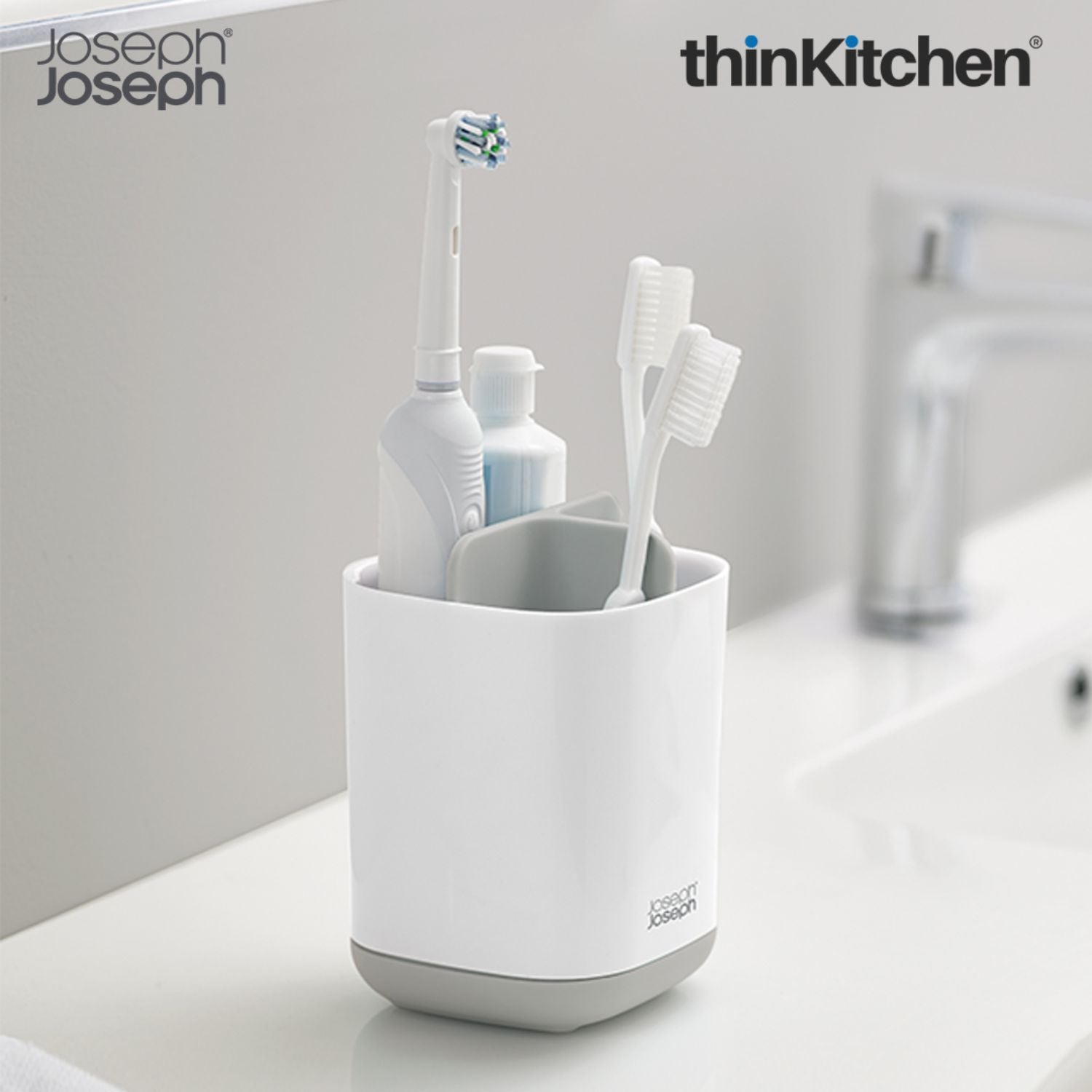 Premium EasyStore Small Toothbrush Caddy - Grey/White | Compact Bathroom Sink Organizer - 1