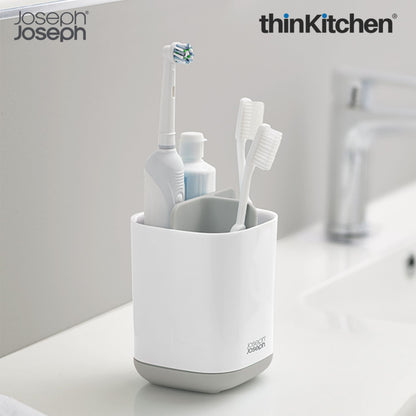 Premium EasyStore Small Toothbrush Caddy - Grey/White | Compact Bathroom Sink Organizer