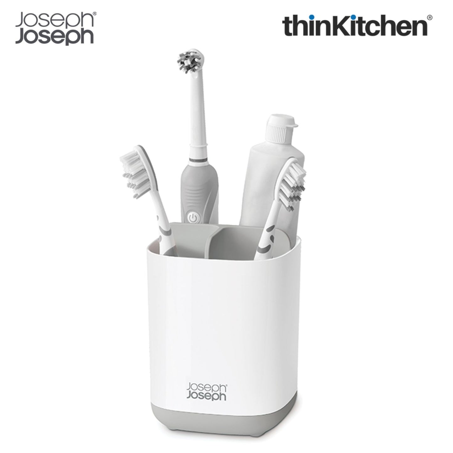Premium EasyStore Small Toothbrush Caddy - Grey/White | Compact Bathroom Sink Organizer
