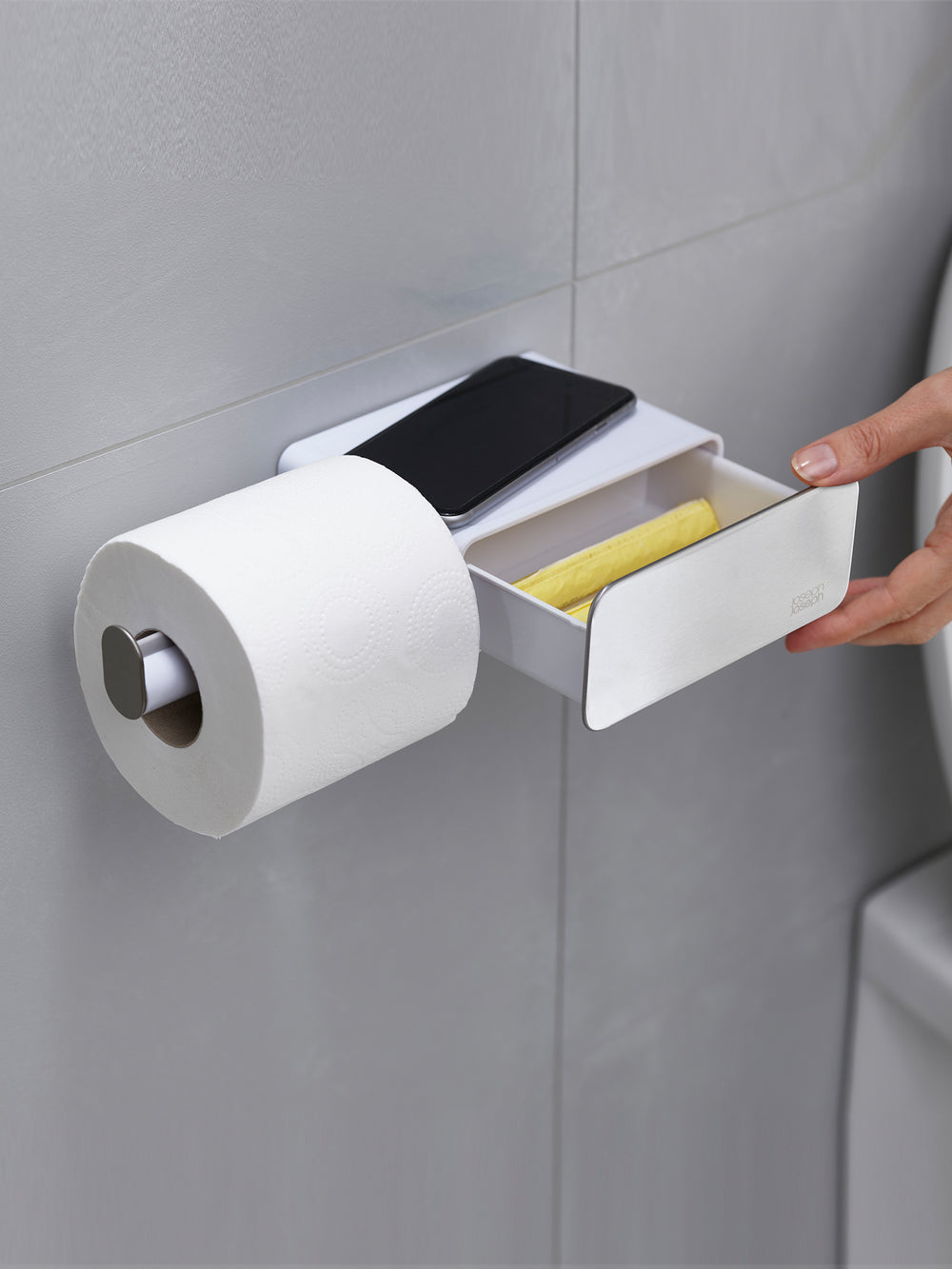 Joseph Joseph International Stainless-Steel Wall-Mounted Toilet Paper Roll Holder with Shelf and Drawer - EasyStore™