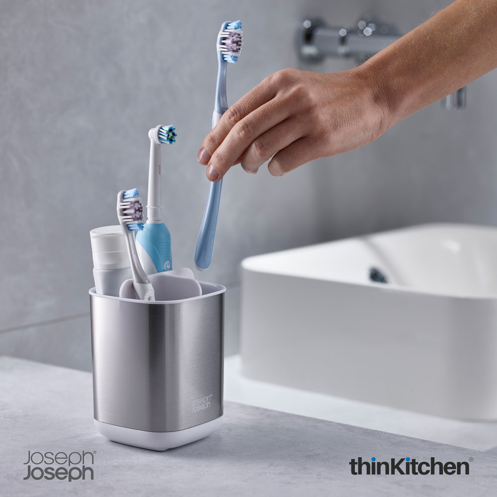 Joseph Joseph International EasyStore Toothbrush Caddy for Bathroom Sink, Bathroom Organizer| Plastic with Steel Finish