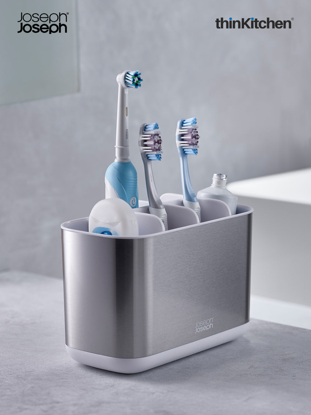 Joseph Joseph Premium Multi Compartment Toothbrush Holder & Bathroom Sink Organizer, Silver | Quick-Dry Ventilated Design