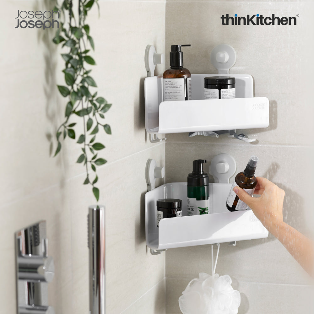Joseph Joseph Premium Hanging Corner Shower Shelf Set, 2-Tier Bathroom Storage Caddy with Suction Cups & Hooks