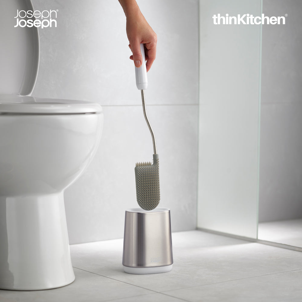 Joseph Joseph Stainless steel Toilet Brush with Holder , Bathroom Brush - Flex Lite, White | UK Crafted For thinKitchen
