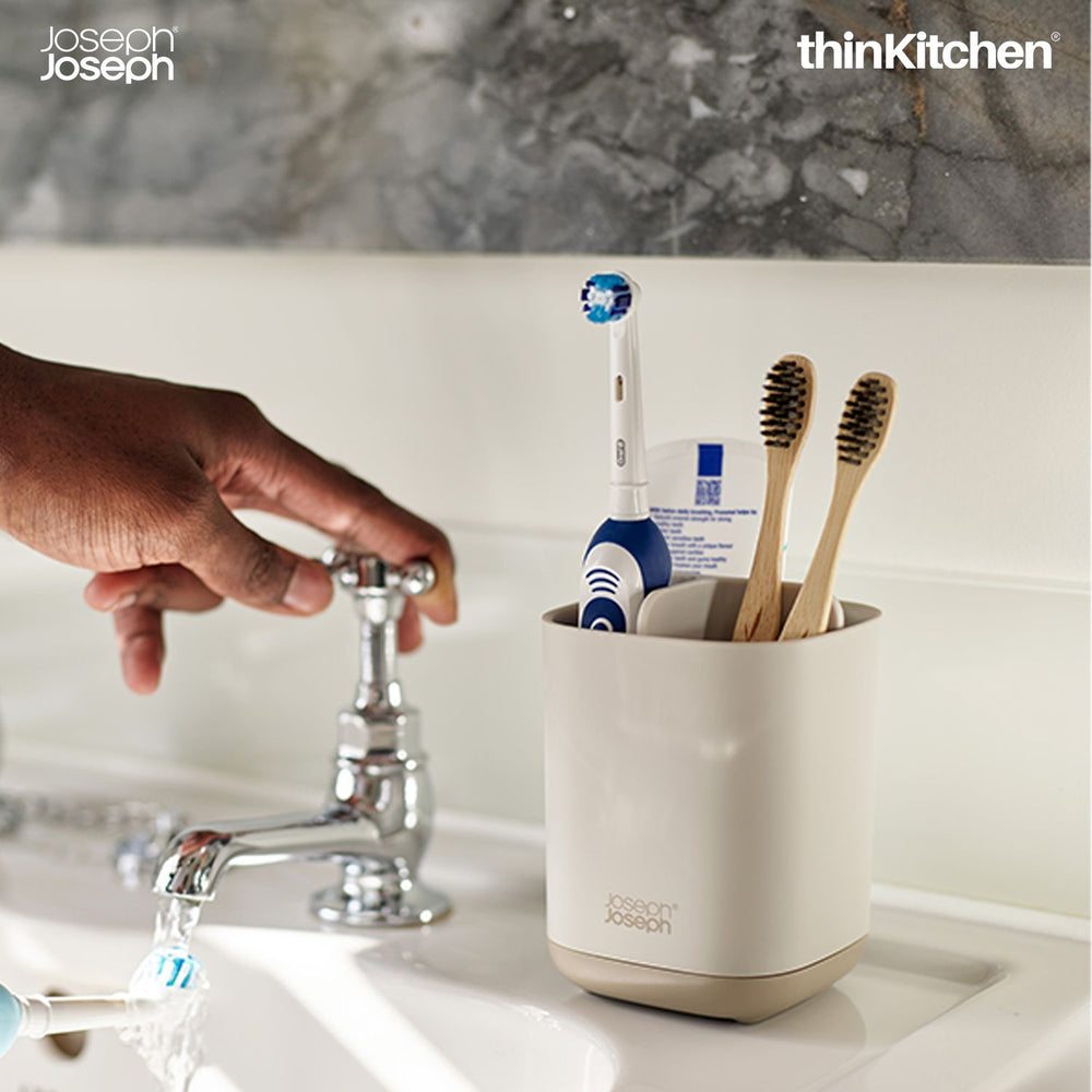 Joseph Joseph Premium EasyStore Small Bathroom Toothbrush Holder & Bathroom Sink Organizer, Ecru