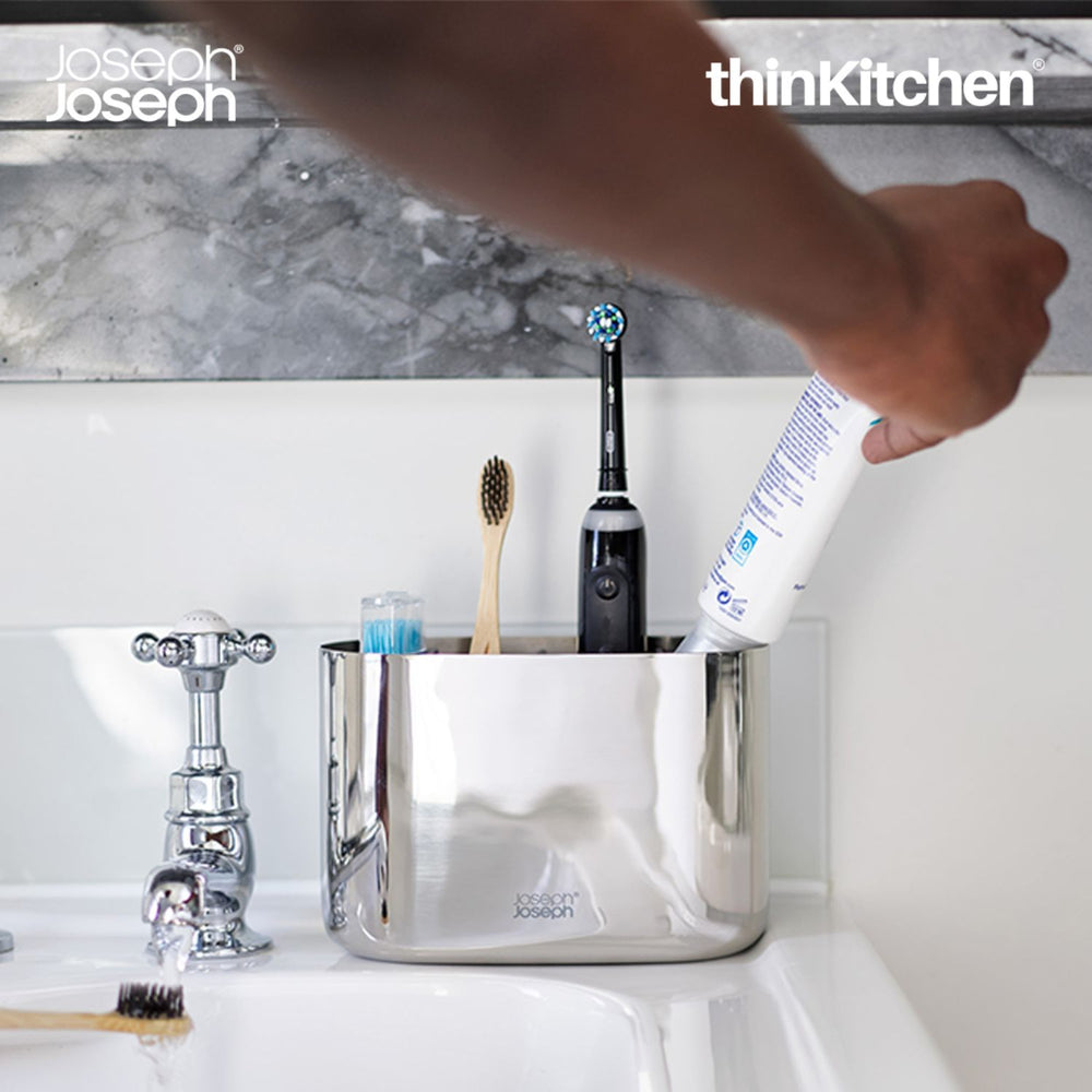 Joseph Joseph EasyStore Large Stainless Steel Toothbrush Caddy | Bathroom Sink Organizer with Partitions