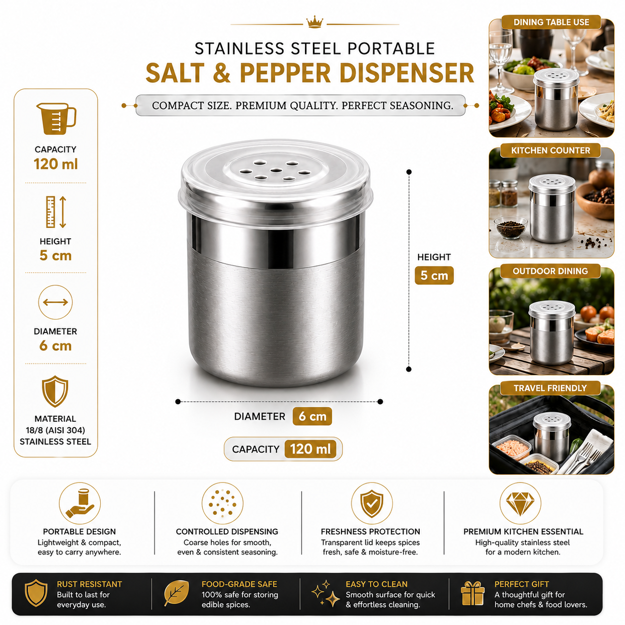 Premium Stainless Steel Small Portable 120ml Coarse Seasoning Salt Pepper Dispenser -  6x5 cms for Spices, Herbs, Masala
