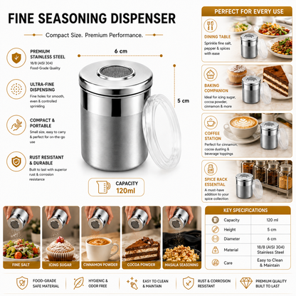 Culinex Stainless Steel Portable Small 120ml Fine Seasoning, Salt / Pepper Dispenser - 6 x 5 cms for Masala, Icing Sugar, Seasoning, Condiments