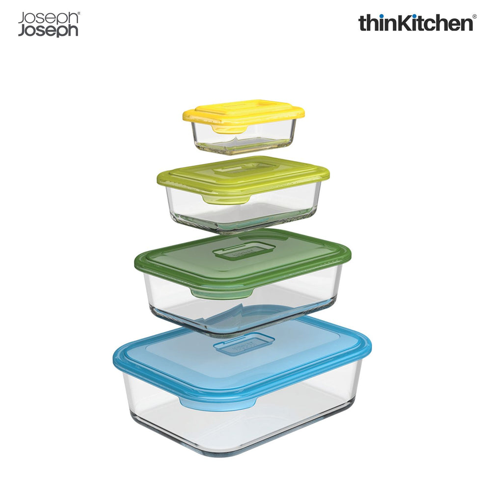 Joseph Joseph Nestable Premium 8 Pcs Glass Food Storage Container and Bakeware Set with Lids | Oven Proof, Freezer, Microwave Safe