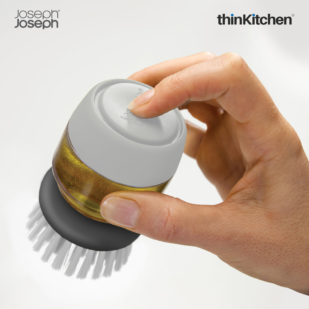 Joseph Joseph Palm Scrub Dish Cleaning Brush with Soap Dispenser – Grey | Refillable, Cleaning Scrubber for Pots, Pans