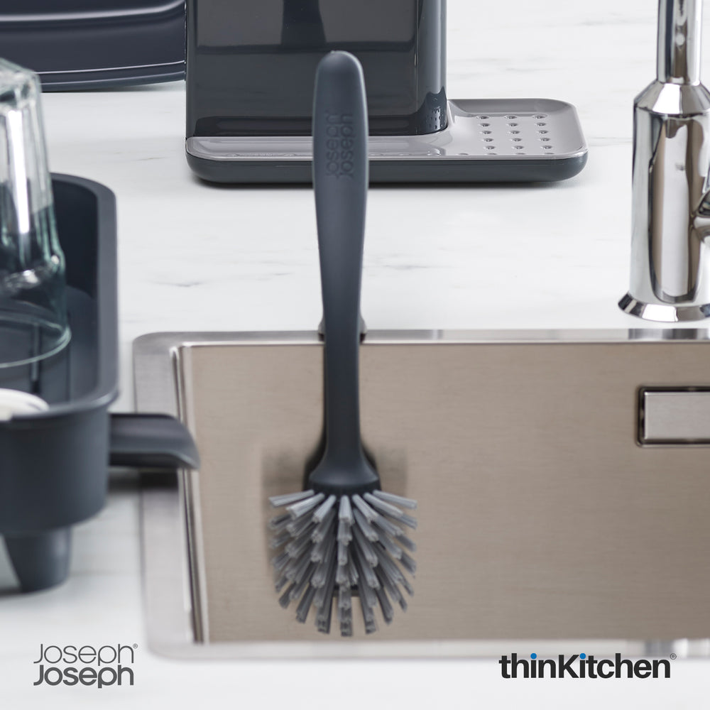 Joseph Joseph Washing-up Dish Brush with Nylon Bristles - Edge, Grey | Non-scratch, curved brush head with sink rest
