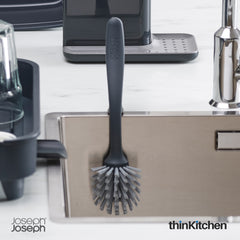 Premium Washing-up Dish Brush with Nylon Bristles - Edge, Grey | Non-scratch, curved brush head with sink rest | For thinKitchen