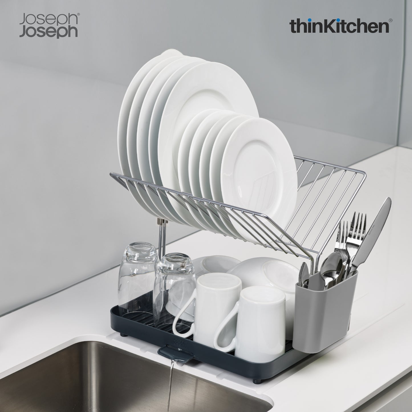 Joseph Joseph Y-Rack Dish Rack And Drainboard Set With Cutlery Organizer Dish Drainer, Grey