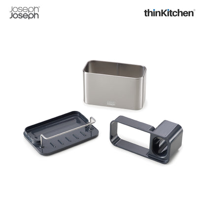 Joseph Joseph Kitchen Sink Caddy With Sponge Holder – Grey | Compact Sink Organiser With Drainage & Cloth Rail | Kitchen Sink Tidy
