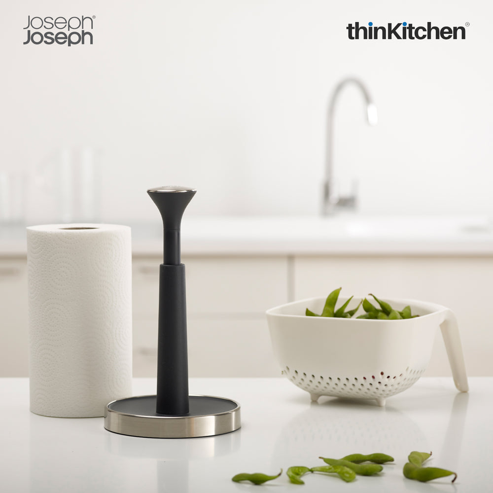 Joseph Joseph Stainless Steel Push Tear Kitchen Roll Holder, Kitchen Towel Stand - Grey | Non-Slip, Space Saving