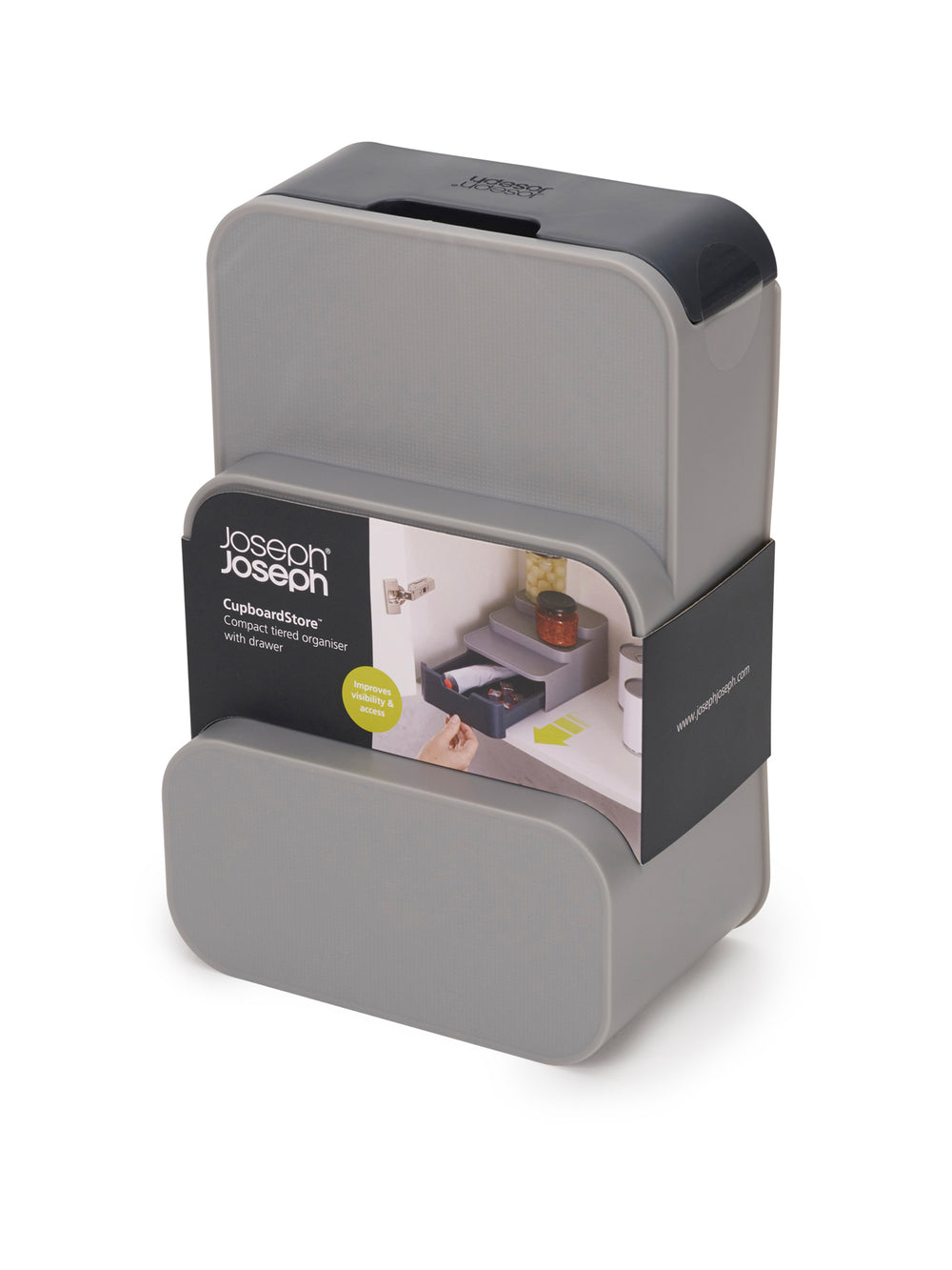 Joseph Joseph International Compact 3-Tier Shelf Organizer with Drawer for Kitchen, Cupboards - CupboardStore™, Grey