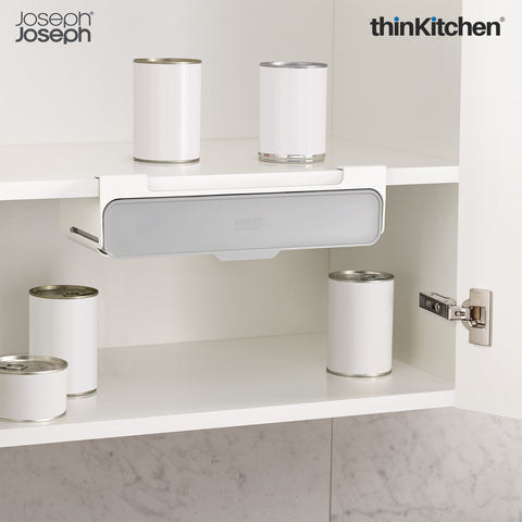 Joseph Joseph 85147 Cup Board Store Spice Organizer 3M Tape Under-Shelf Pull Out Drawer Stotage for Cabinet, One-Size, Gray/White.