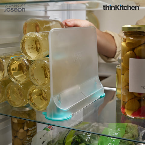 Joseph Joseph FridgeStore Under-Shelf Storage Drawer – BPA-Free Refrigerator Divider with Suction Cups for Shelf Organisation – Easy-Clean, Removable Fridge Shelf Divider for Cans & Bottles, Clear/Blue