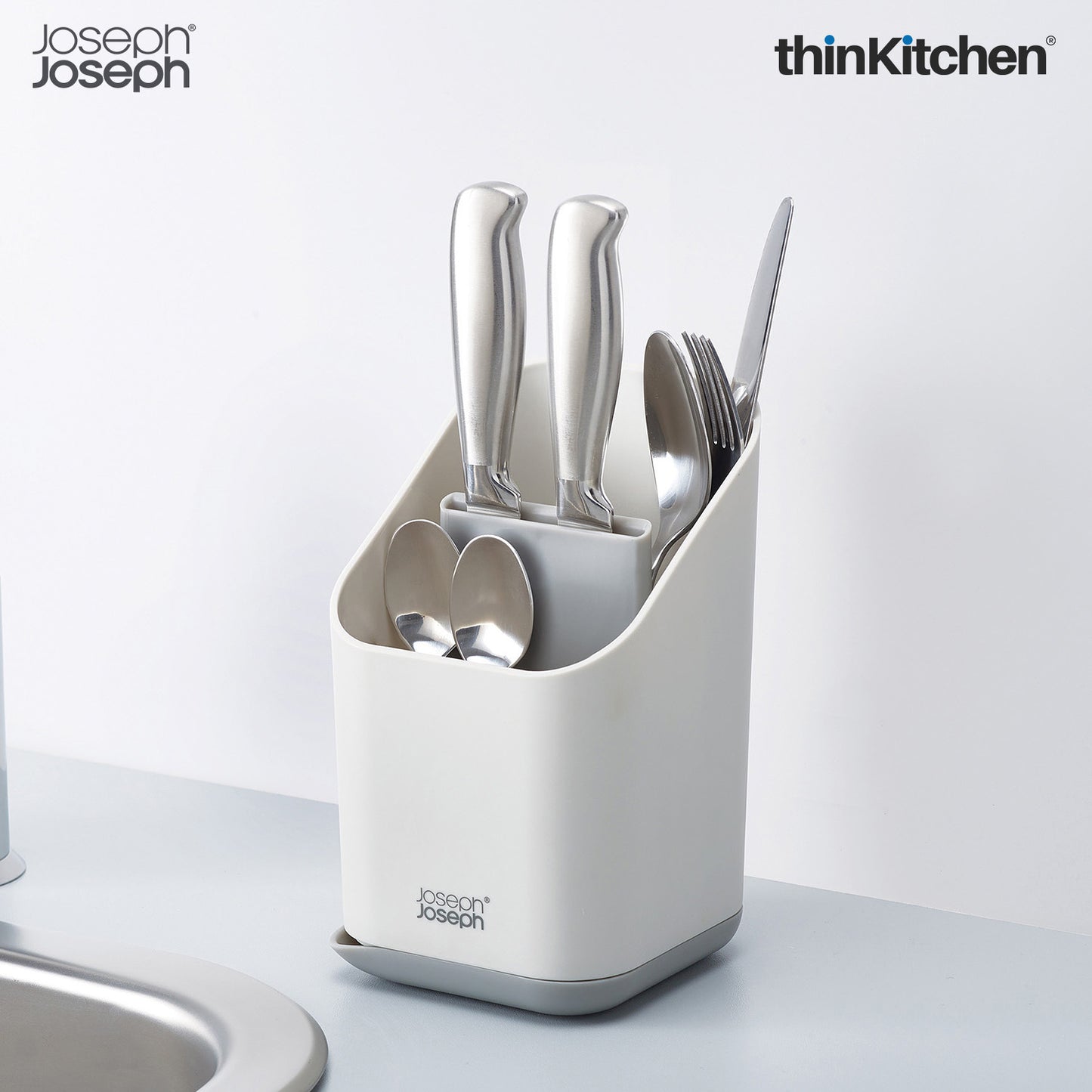 Joseph Joseph Duo Kitchen Sink Cutlery Drainer with Knife Slot, Kitchen Sink Drying Rack Cutlery Organizer, Grey