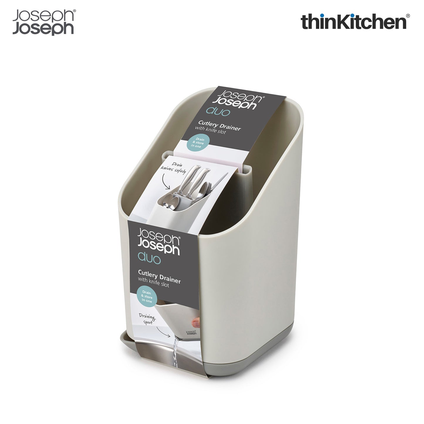 Joseph Joseph Duo Kitchen Sink Cutlery Drainer with Knife Slot, Kitchen Sink Drying Rack Cutlery Organizer, Grey