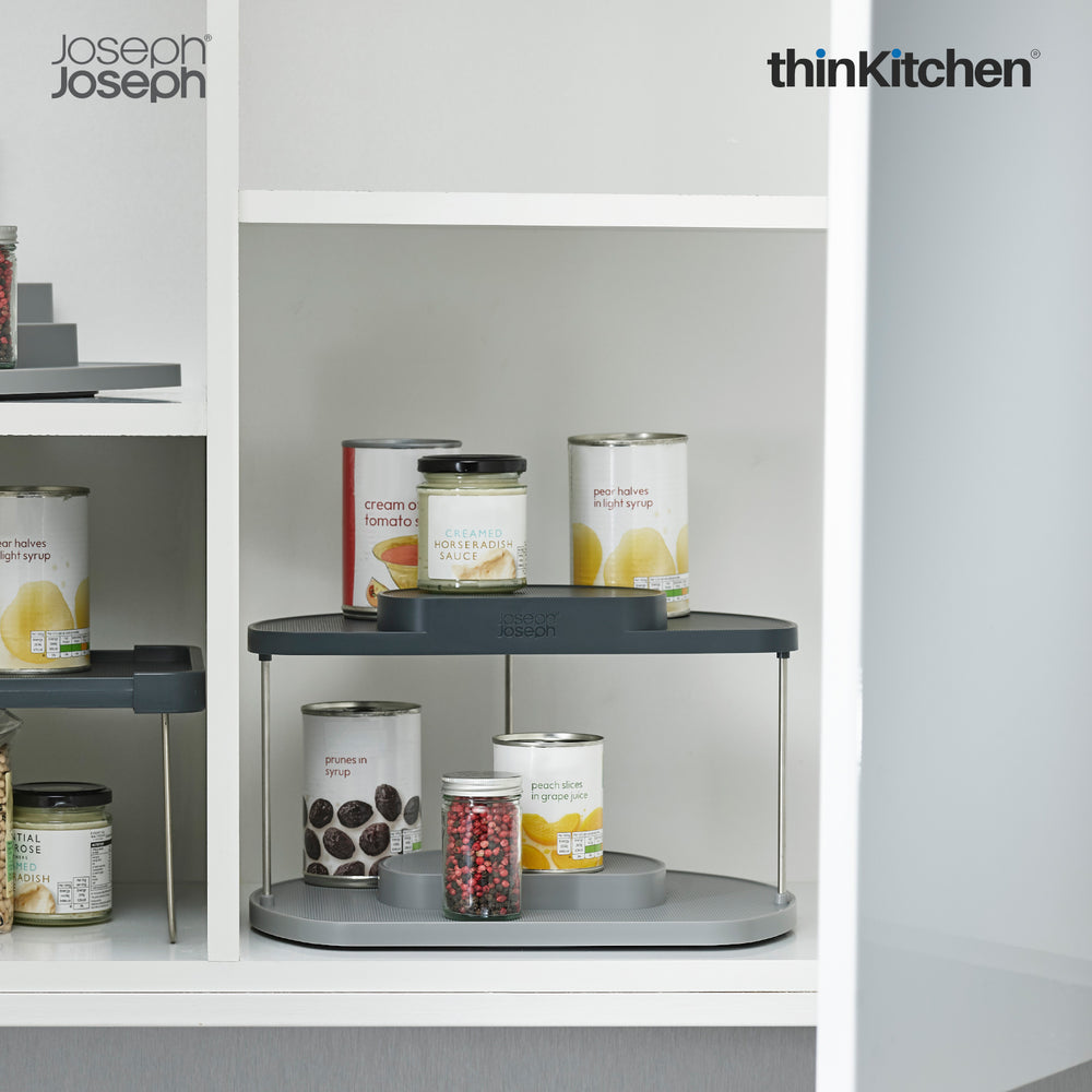 Joseph Joseph Premium  2-Tier Rotating Organiser, Kitchen Cabinet Storage for Bottles, Jars, Spices - CupboardStore, Grey