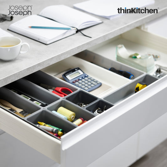Joseph Joseph International 10-Piece Modular Drawer Organiser Set for Cutlery, Stationery, Tools - Grey