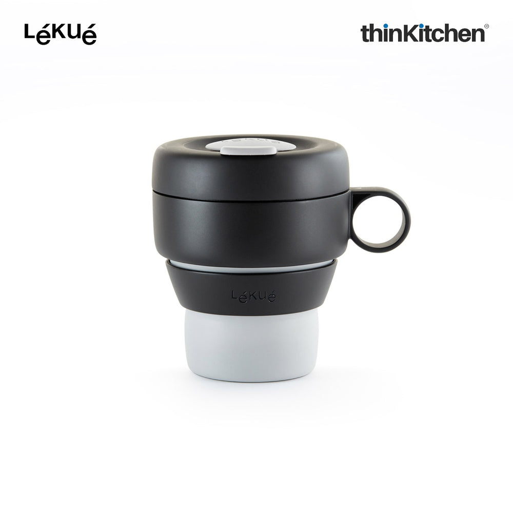 LÉKUÉ Mug To Go 350ml, Collapsible Reusable Travel Coffee Cup with Leak-Proof Lid, Portable Grey Silicone Travel Mug