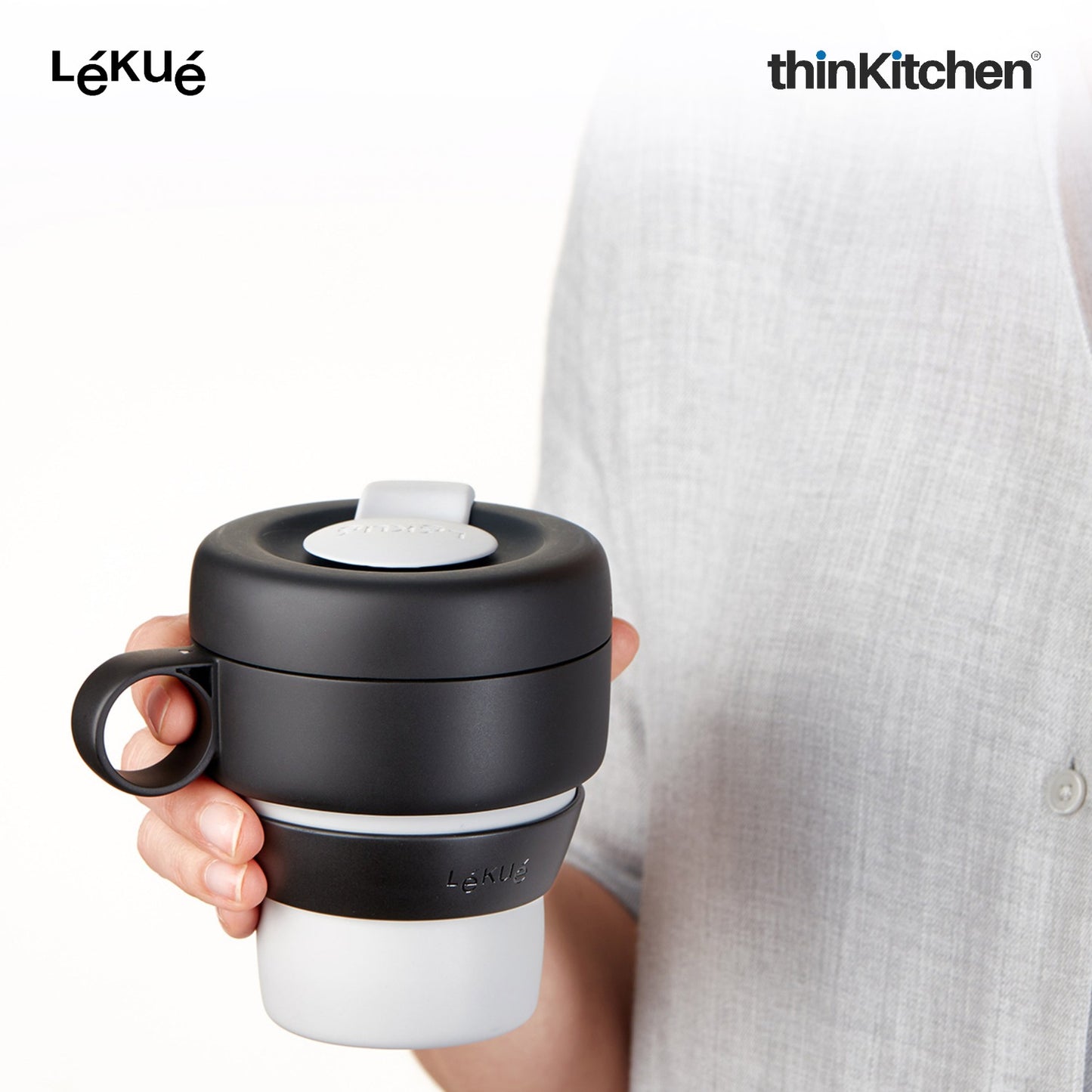 LÉKUÉ Mug To Go 350ml, Collapsible Reusable Travel Coffee Cup with Leak-Proof Lid, Portable Grey Silicone Travel Mug
