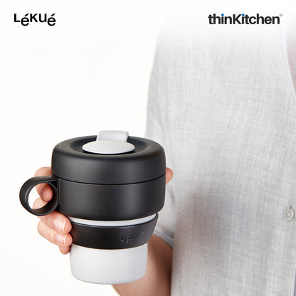 LÉKUÉ Mug To Go 350ml, Collapsible Reusable Travel Coffee Cup with Leak-Proof Lid, Portable Grey Silicone Travel Mug